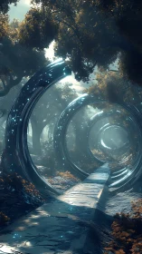 Futuristic rings frame a luminous forest pathway scene.