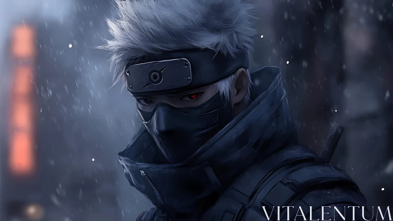 Masked silver-haired ninja stands in a cold, falling snowstorm.