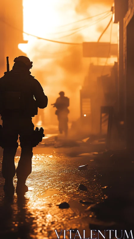 Firelit soldiers stride through ruin-glowed urban chaos.