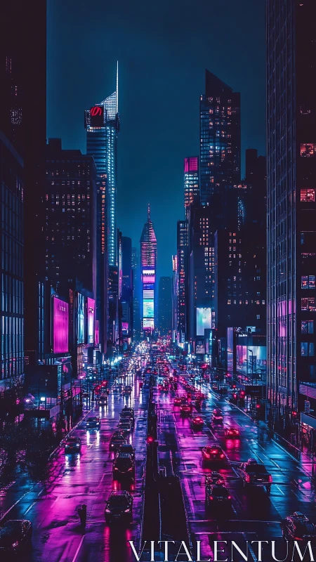 Neon-soaked midnight avenue under towering cyber city lights.