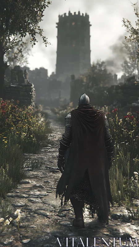 Brooding knight strides toward a mist-drowned ruinous tower.