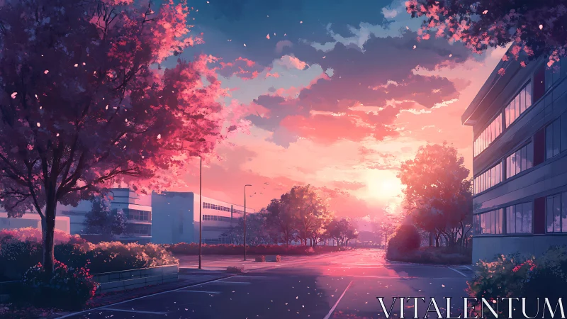 Sunlit campus street under pastel cherry blossoms at dusk.