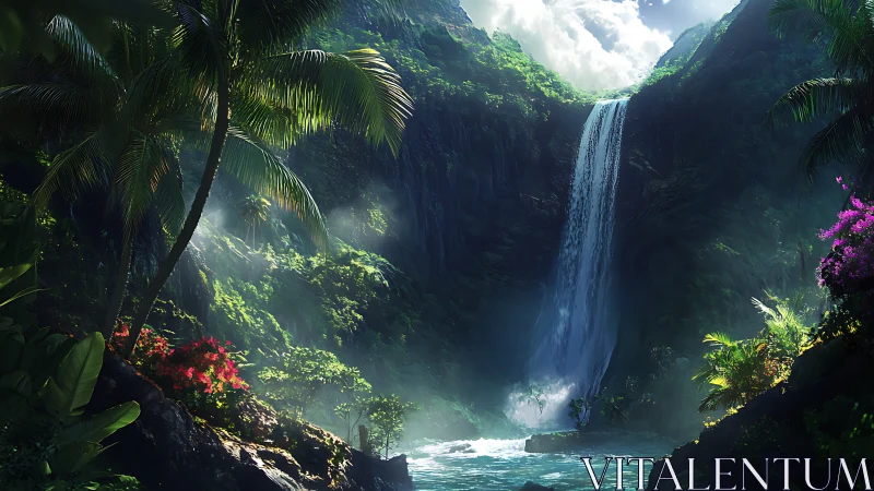 Tropical Waterfall Canyon with Lush Vegetation and Turquoise Pool.