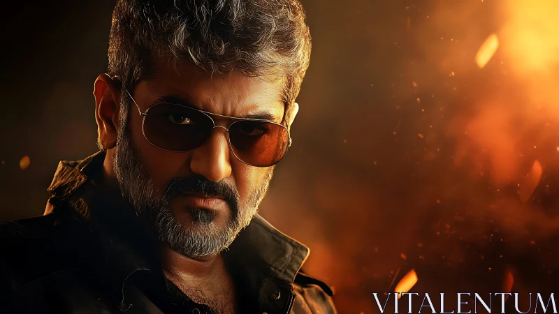 Bearded man in sunglasses against fiery orange background.