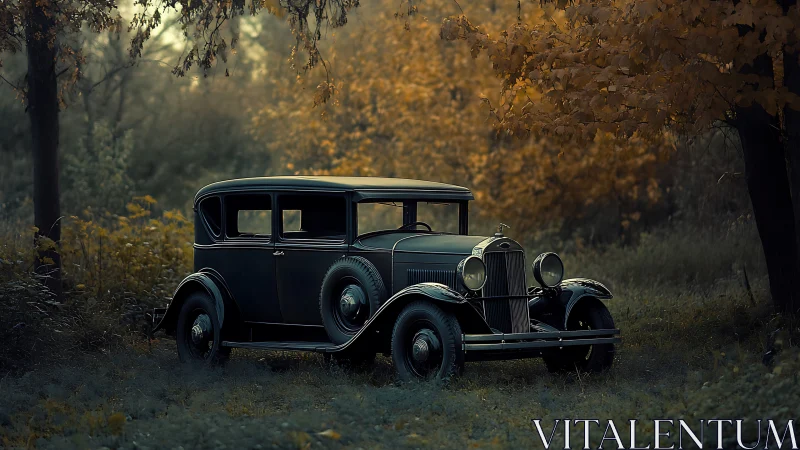 Vintage black sedan parked in forest clearing at dusk.