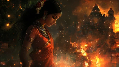 Graceful woman in red sari stands before a burning temple city
