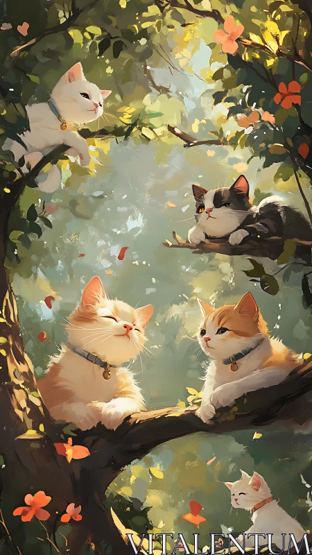 Digital painting depicts five cats positioned across branching tree limbs in dappled golden light en