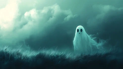 Ethereal cartoon ghost drifts across misty nocturnal meadow