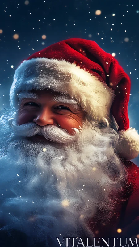Snowlit Santa smile wrapped in storybook winter glow.