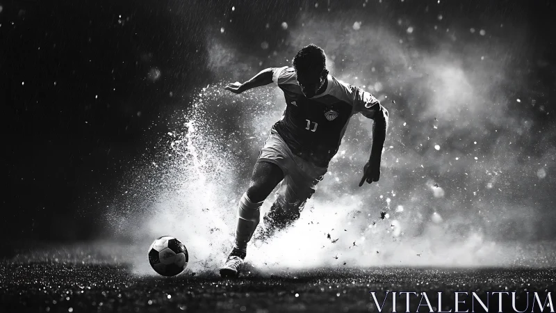 Dynamic soccer striker sprinting through rain and backlight.