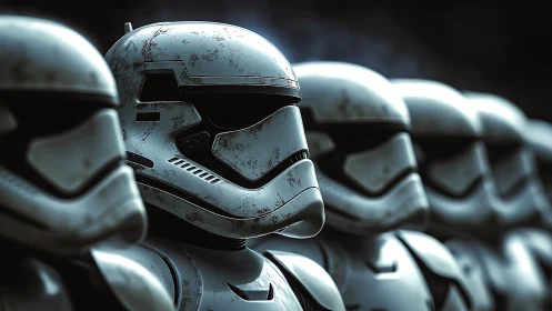 Row of armored sci‑fi soldiers in glossy helmets lineup.