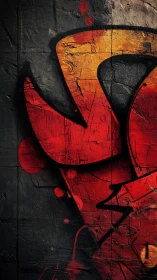 Red graffiti curves slice cracked concrete wall surface.