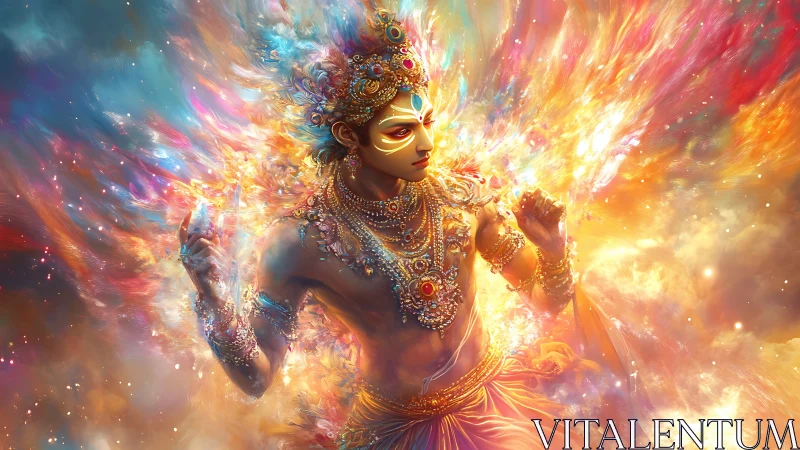 Divine celestial figure in radiant cosmic explosion of color.