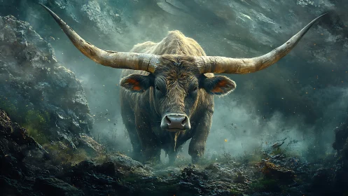 Storm-forged longhorn strides through a shattered mountain dawn.
