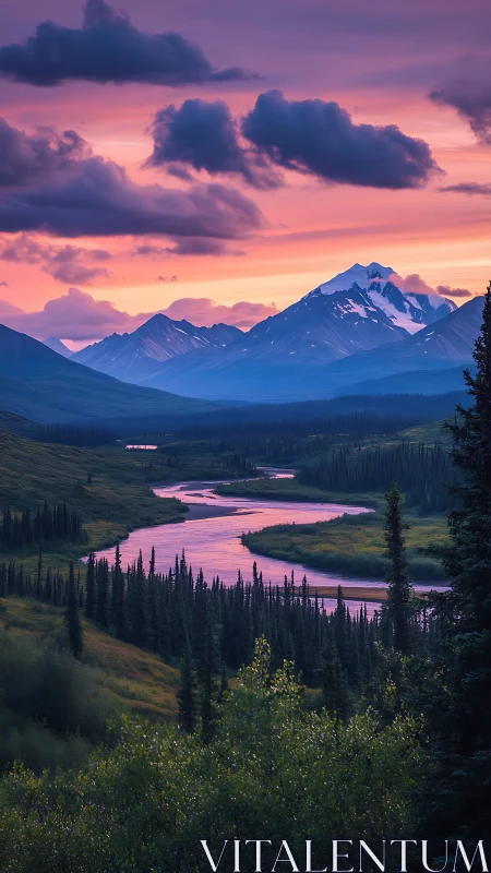 Lavender skies drift above a peaceful river and snowy peaks