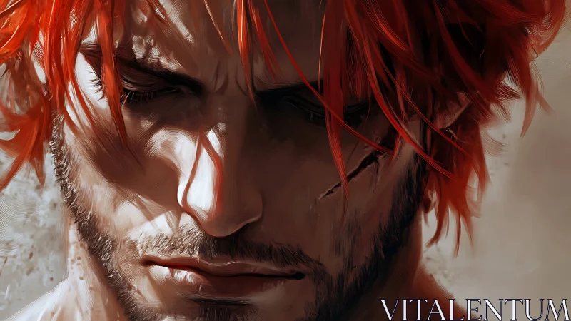 Scarred red haired warrior closes his eyes in quiet resolve