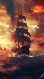 Storm-lit tall ship cuts through turbulent, ember-streaked ocean swells