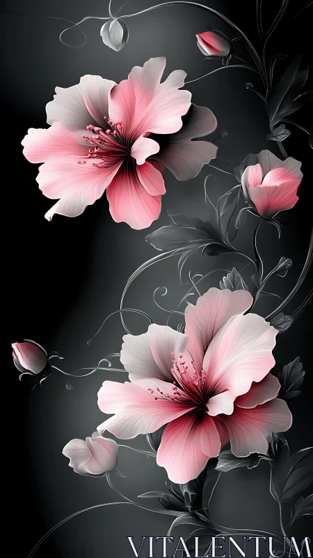 Pink gradient hibiscus with layered petals on darkened botanical composition