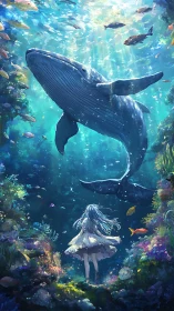 Gentle whale glides above a curious girl in a glowing sea