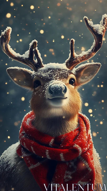 Snow-covered reindeer portrait displays red scarf and antlers