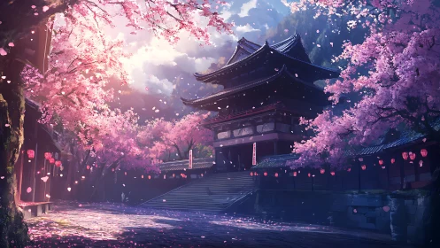 Twilight temple courtyard beneath drifting cherry blossoms.