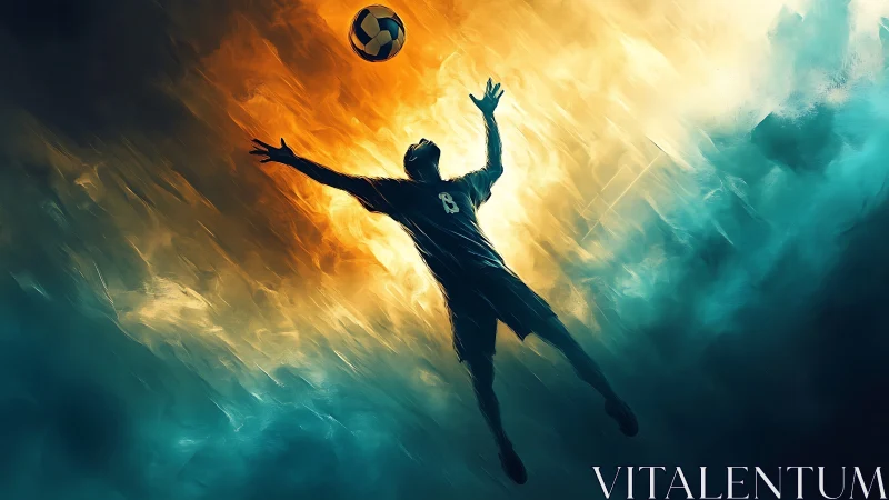 Soaring soccer dreamer reaching for a blazing sky ball.