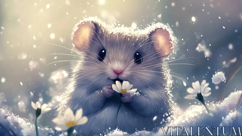 Snowlit mouse cradling daisies in softly glowing frost.