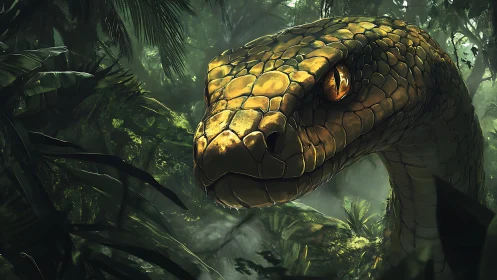 Cinematic digital serpent portrait in dense jungle light.