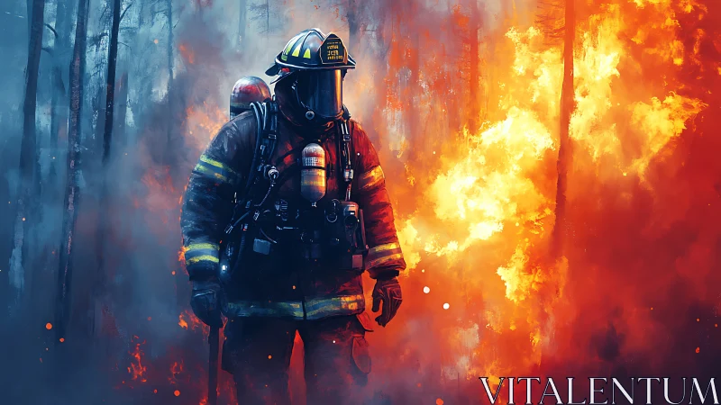 Firefighter Advancing Through Intense Blaze in Hazmat Gear