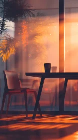 Photorealistic minimal interior table scene in warm sunset light.