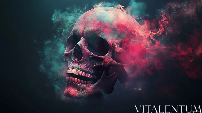 Glowing human skull wrapped in red and teal swirling smoke.