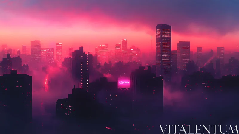 Neon fog over dense futuristic city skyline at dusk.