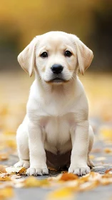 Golden autumn puppy sitting among softly fallen leaves.