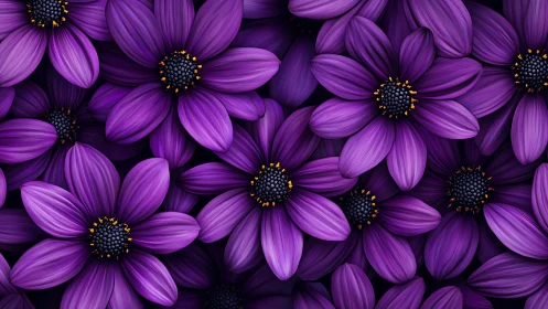Purple Daisy Flowers with Golden Centers Densely Packed.