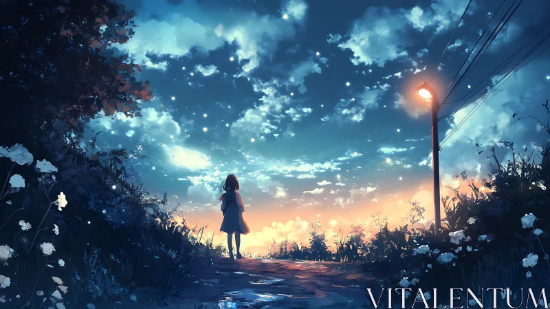 Twilight pathway invites a dreaming girl toward glowing skies