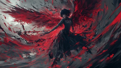 Figure with red abstract wings stands amid swirling motion