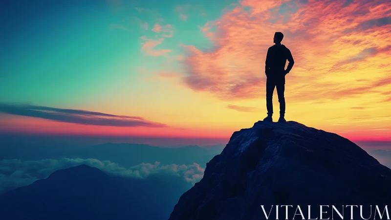 Silhouetted climber stands on rocky summit against high-saturation sunset