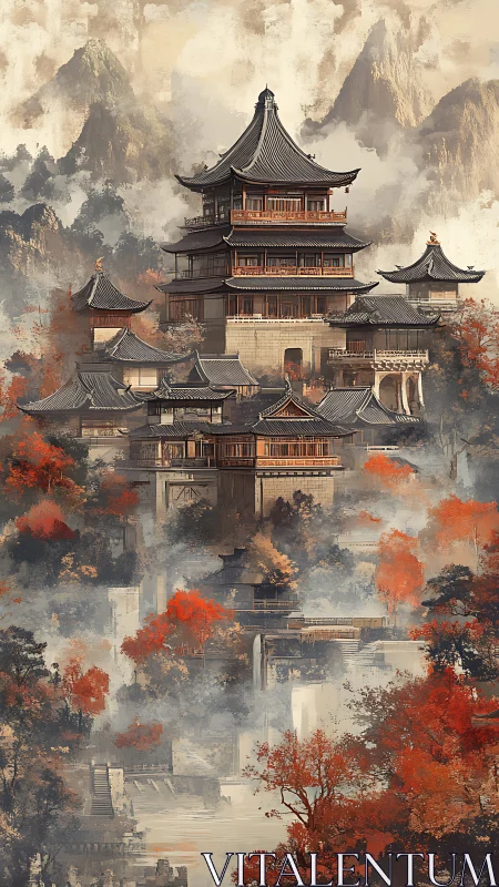 Mist-wrapped mountain pagoda rising through ember-red forest.