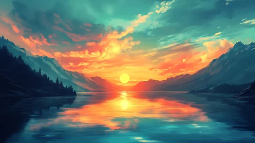 Sunset illuminates tranquil mountain lake with vivid reflections