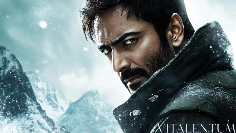 Intense bearded man in snowbound mountain landscape portrait.