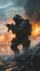 Storm-swept soldier advancing through fiery coastal battlefield.
