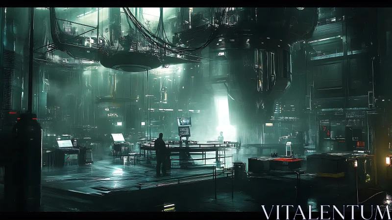 Neon-drenched quantum lab hums beneath colossal core.