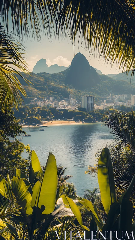 Tropical Cove Framed by Palms Gazes at Volcanic Peaks.