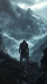 Epic warrior silhouette before storm-laden alpine peak composition.