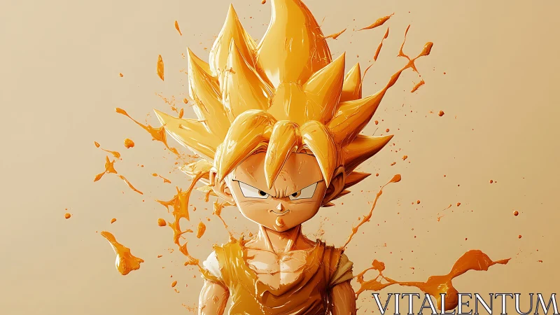 Golden anime warrior emerges in explosive paint splash energy