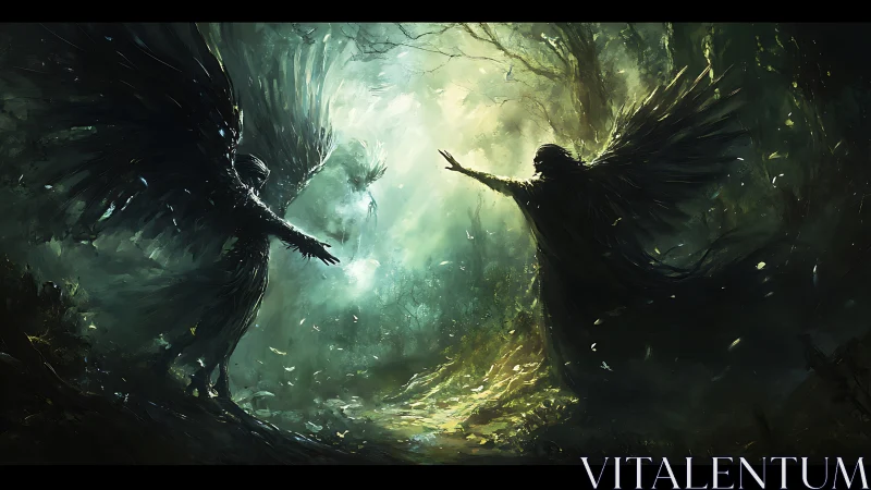 Shadowed winged figures confront under fractured forest light