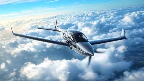 Streamlined low-wing propeller aircraft cruises above stratocumulus