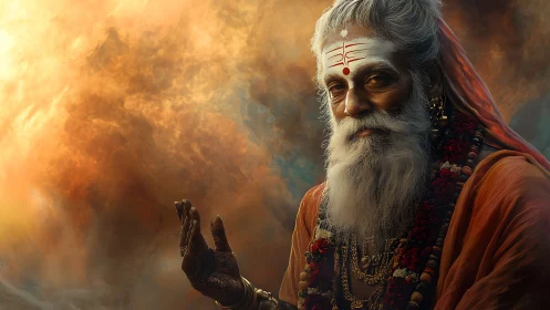 Mystic sage portrait amid swirling fiery clouds background.