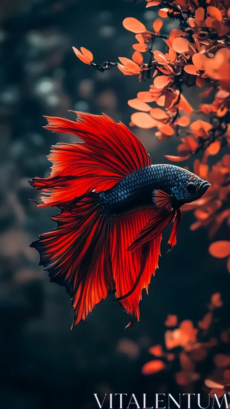 Betta fish in high-contrast bokeh aquarium environment.