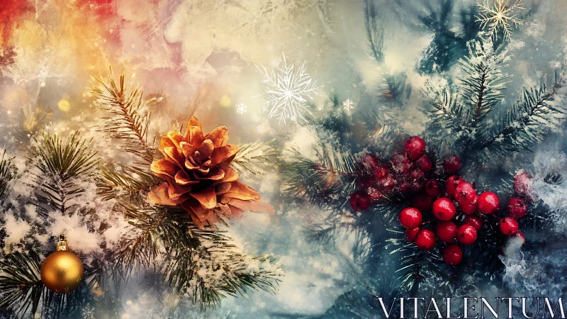 Cozy winter pine, berries, and golden holiday sparkle.